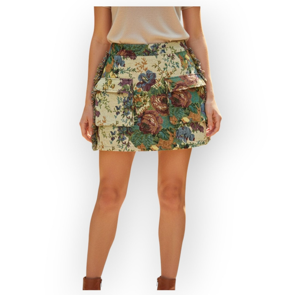 Micas Jacquard Frayed Floral Print Pocket Mini Skirt – XL - Picture 4 of 6